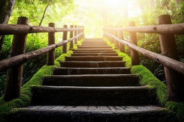 Mossy Wooden Steps Leading Upward Through a Lush Green Forest on a Sunny Day