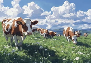herd of reddish brown and white cows grazing in lush green field under bright blue sky with fluffy clouds. scene captures tranquility of rural life