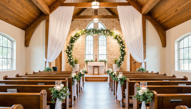 Wedding chapel interior with floral decorations