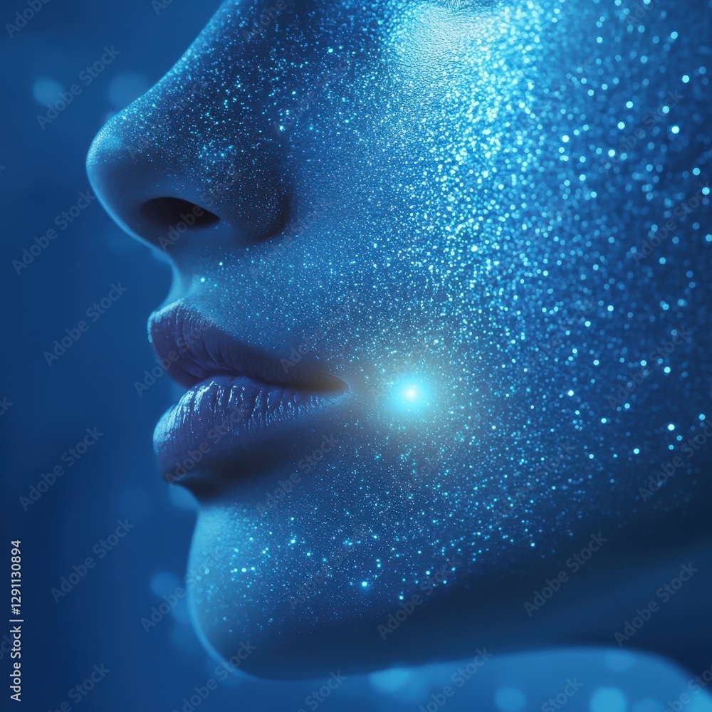 Aufkleber close-up profile of a woman's face illuminated with sparkling blue particles creating a mystical and