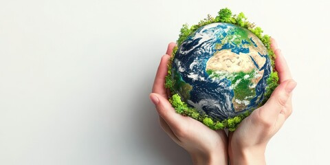 A pair of hands cradles a small globe surrounded by green foliage, symbolizing environmental protection and global care.