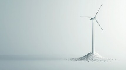 A minimalist image featuring a wind turbine resting on a mound of white powder, symbolizing clean energy and environmental sustainability.