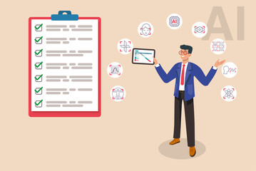 Businessman using artificial intelligence completing tasks with ai algorithm