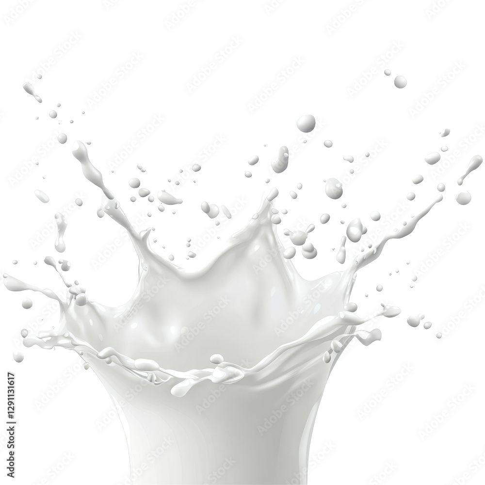 Poster milk splashing in dynamic arcs on a bright transparent background, creating a vibrant and fresh visu