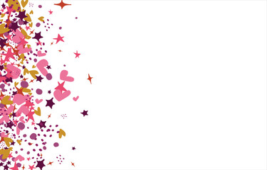 Bright colored frames made of stars, hearts, confetti. Stars, hearts. Bright design. Frames with space for your inscription. Postcard, banner, invitation, holiday. Vector illustration.