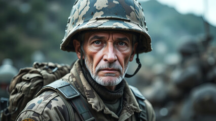Fototapeta premium Experienced soldier in camouflage uniform, focused gaze