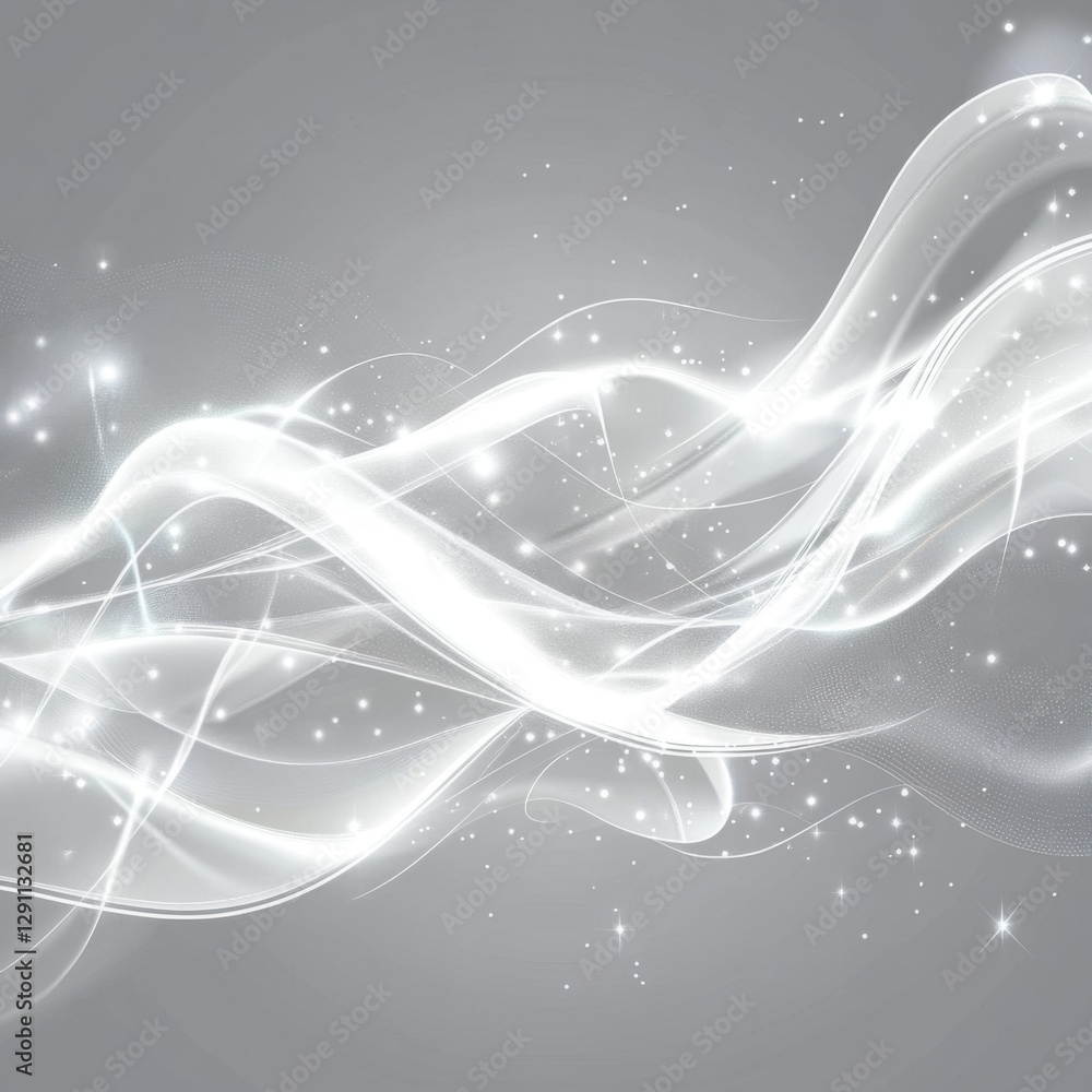 Poster ethereal light waves with sparkling elements against a soft gray background. generative ai illustrat
