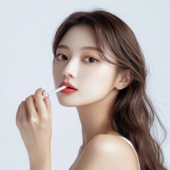 Woman applying lip gloss, studio shot