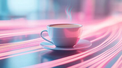 Steaming cup of coffee on a pink and blue surface.
