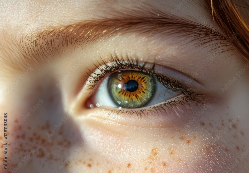 Poster close-up view of an iridescent eye with flecks of orange and green colors, showcasing unique pattern