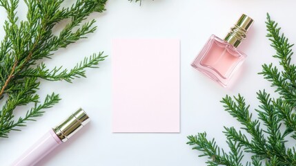 Elegant perfume display with blank card and greenery