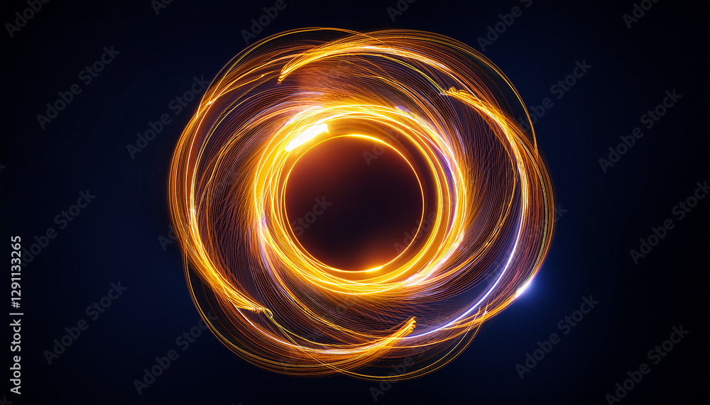 Poster abstract yellow lightning circle on dark backdrop. mysterious shape.