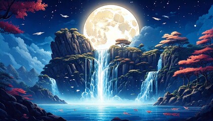 Fototapeta premium Celestial Cascade – A Waterfall Bathed in Moonlight.A breathtaking waterfall tumbles from a floating island, its silver waters shimmering under the soft glow of the full moon