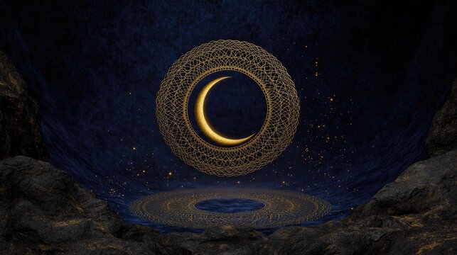 Ethereal scene with intricate circular designs and glowing cresc
