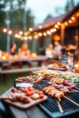Delicious grilled food at an outdoor evening party with friends.
