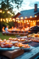 Delicious grilled food at a backyard party. Warm evening lighting and happy guests.
