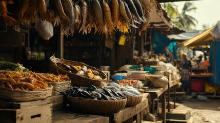A rustic market scene with a display of sustainable seafood and heritage vegetables.