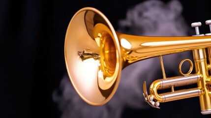 Obraz premium Shiny trumpet bell captures light, surrounded by swirling smoke,