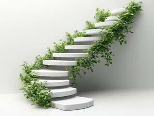 Fototapeta premium White Spiral Staircase with Lush Greenery, Nature's Ascent, Modern Design