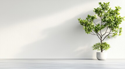 Obraz premium Minimalist room, potted tree, sunlight, interior design, website banner