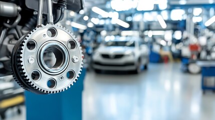 Fototapeta premium Close-Up of Mechanical Part in Modern Automotive Workshop Environment