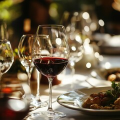 Naklejka premium Red Wine Glass on Outdoor Table Setting in Warm Sunlight
