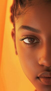 front shot, face close-up, professional woman model, gaze, background is solid orange