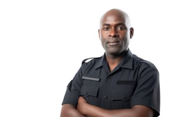 Serious middle-aged Black male security guard or police officer standing firm isolated on transparent white background
