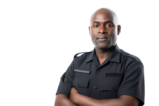 Serious middle-aged Black male security guard or police officer standing firm isolated on transparent white background - Powered by Adobe
