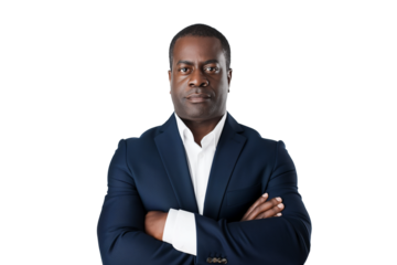Serious middle-aged Black male CEO in tailored navy suit isolated on transparent white background