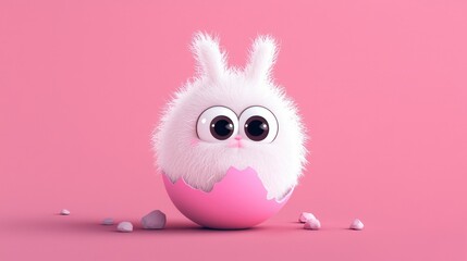 Fototapeta premium Cute fluffy bunny character emerging from a pastel pink cracked egg surrounded by small decorative stones with a soft pink background