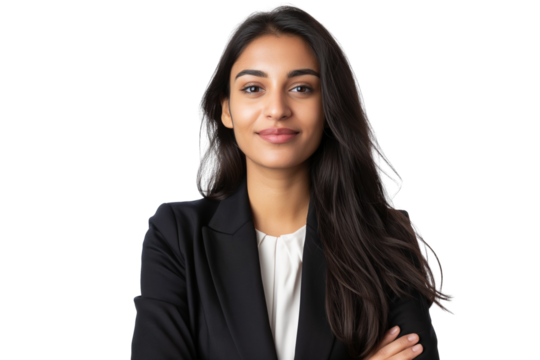 Confident young South Asian female startup founder in blazer isolated on transparent white background