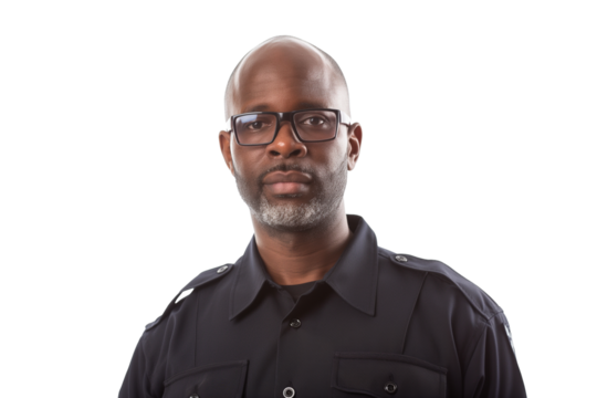 Serious middle-aged Black male security guard or police officer standing firm isolated on transparent white background