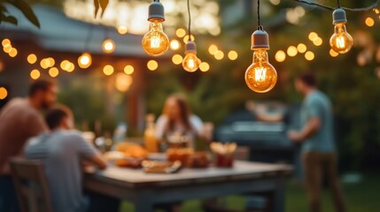 Warm evening lights illuminate a backyard gathering of friends enjoying a casual outdoor meal.