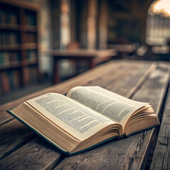Open book on a wooden table in a cozy library, representing knowledge and reading culture