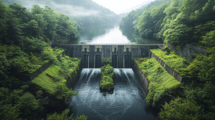 hydroelectric power plant nestled in lush greenery, surrounded by serene water and mountains, showcasing nature beauty and engineering harmony