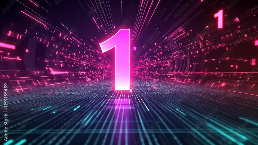 Poster animated digital background displaying the number one with vibrant colors and futuristic patterns, n