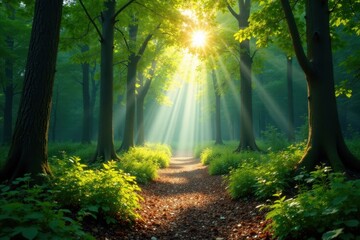 Fototapeta premium Sunbeams pierce a leafy canopy above a forest crossing, canopy, fork