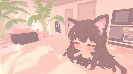 Cute animated character in pastel room with plants and furniture