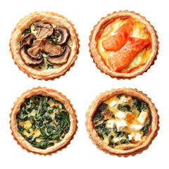 Fototapeta premium Delicious quiches featuring classic Lorraine, mushroom, spinach, and feta arranged in a neat presentation, Quiches Classic Lorraine, Mushroom, Spinach Feta, and Salmon on transparent background