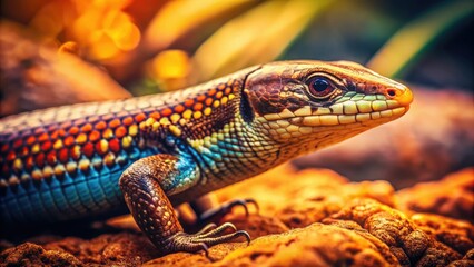 Fototapeta premium A weathered photo reveals a multi-striped skink, a Scincidae lizard.