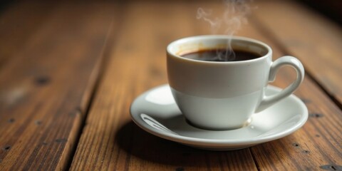 Obraz premium Aromatic Coffee in a White Cup on Rustic Wooden Surface, Steam Rising Gently