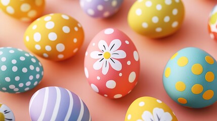 Vibrant Easter Eggs with Polka Dots on Pastel Background, Close-Up View. Joyful Easter Decorations, Cartoon Illustration, Flat Lay Artwork.