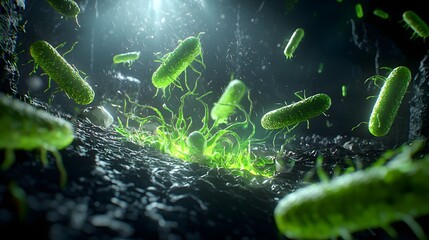 Fototapeta premium A futuristic and representation of a microscopic battle between bacteria and bacteriophages with natural light dramatically illuminating the dynamic fluid