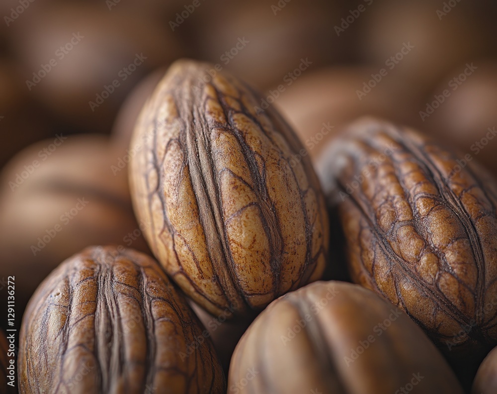 Poster close-up view of natural brown nuts with intricate shell textures captured in a soft focus for food 