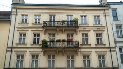 Aged Beige Building Facade with Two Ornate Balconies