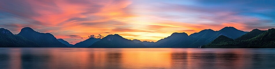Serene Sunset Over Mountain Lake