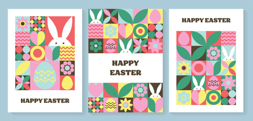 Easter bunny, egg and flower background. Collection of geometric greeting cards with cartoon elements. Vector illustration