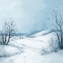 Serene Winter Landscape Light Blue Palette, Snow Falling on Bare Trees and Rolling Hills