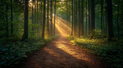 Fototapeta premium Sunbeams path through misty forest